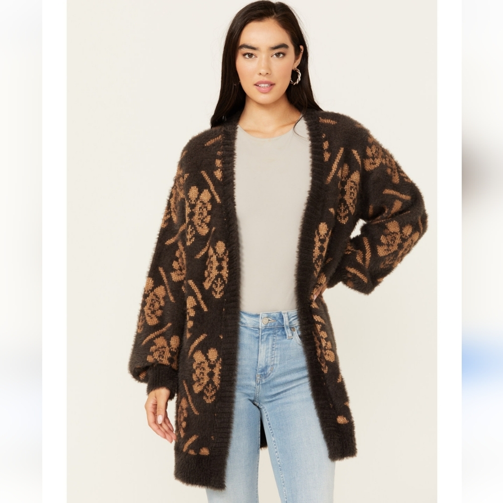 Room 34 Floral Print Jaquard Cardigan Size Small (Oversized) Dark Grey